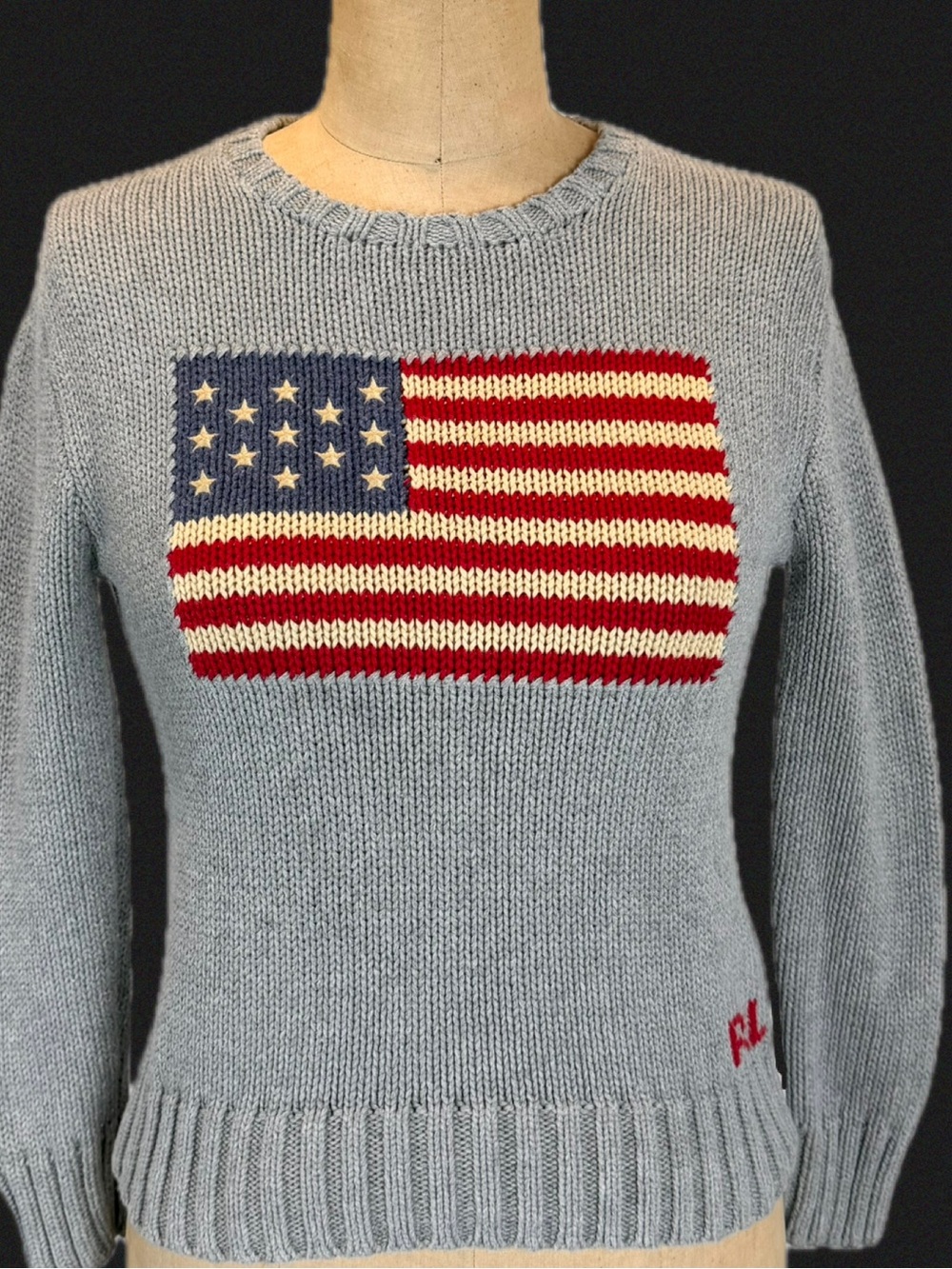 Polo Ralph Lauren flag sweater American patriotic RL initial gray 100% cotton